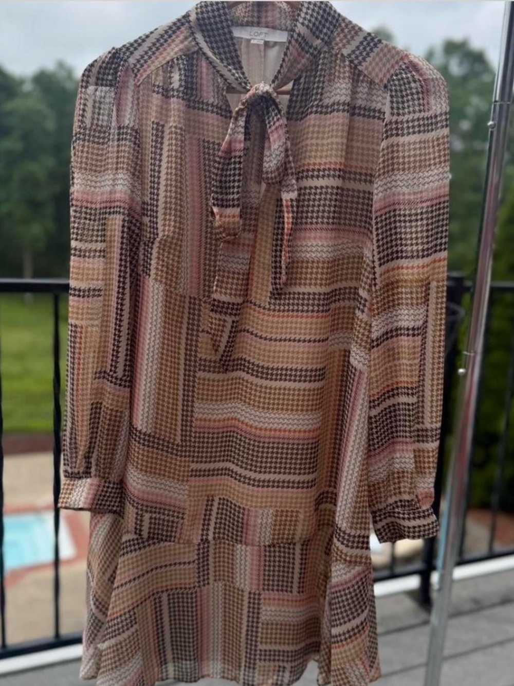 LOFT Tan and Pink Geometric Tie-Neck Long Sleeve Dress